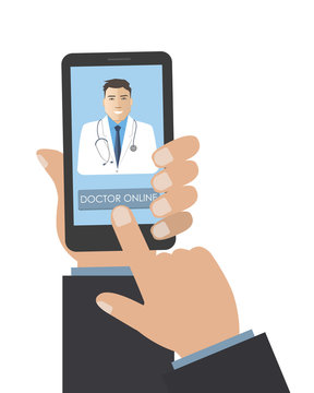 Doctor online concept. Online consultation with a medical specialist. Hand holding smart phone, there is male doctor's photo on the display of the smartphone in the picture. Vector illustration