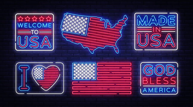 USA flag badges collection neon vector sign. I love USA, Made in USA symbol banner light, bright night Illustration. Vector illustration
