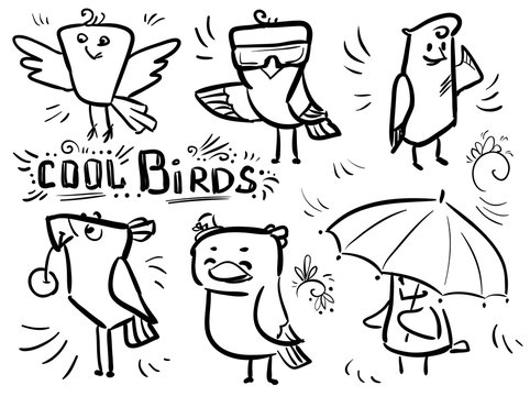 Set doodle funny birds Cool birds