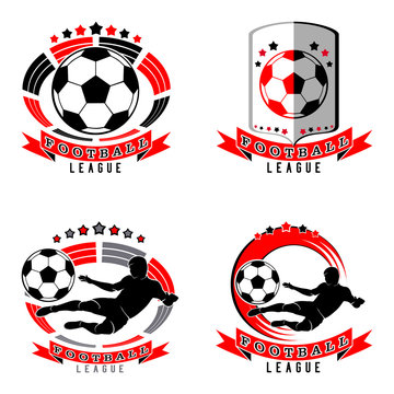 set of soccer logo with a ball, football silhouette, shield, arena, stadium. black and red image