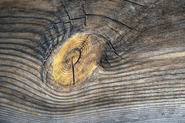 Old wooden planed board surface with big knot and cracks, may be used as background