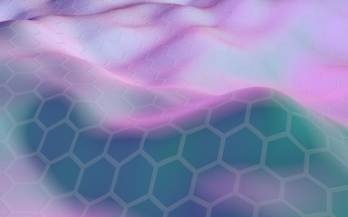 Colorful honeycomb with a gradient color on a light background. Perspective view on polygon look like honeycomb. Wavy surface. Isometric geometry. 3D illustration