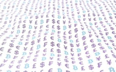 Bitcoin and currency on a white background. Digital Cryptocurrency symbol. Wave effect, currency market fluctuations. Business concept. 3D illustration
