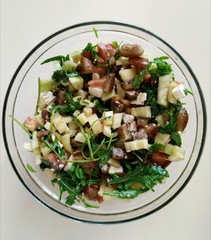 Salad. Salad under a fur coat. Vegetable salad. Salad festive in a salad bowl close-up. Still life.