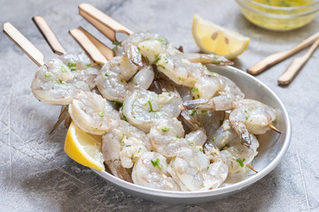 Raw Shrimps on Wooden Skewers