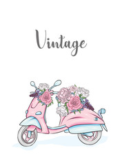 Vintage moped on a city street. Bouquet of flowers, roses and peonies. Transport. Vector illustration, retro.

