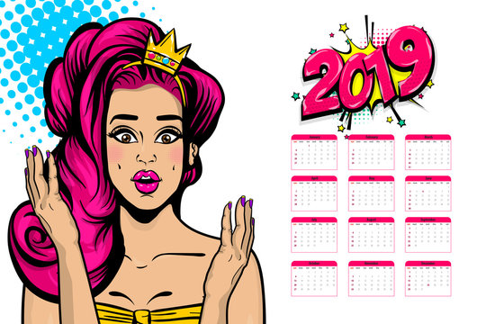 2019 calendar, wow face caucasian young sexy girl in crown pop art. Princess pink hair woman pop art. Comic text advertise speech bubble. Halftone background.