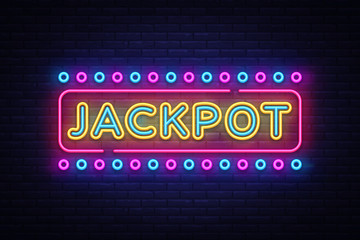 Jackpot neon sign vector. Casino Design template neon sign, light banner, neon signboard, nightly bright advertising, light inscription. Vector illustration