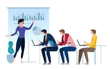 Corporate business manager explaining quarter report data to directors board. Financial results presentation standing in front of projecting screen. Flat style vector illustration.