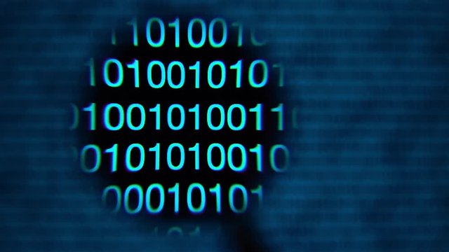 Magnifying glass moving left to right over computer screen with blue matrix style zeros and ones. Word app written in code line. Abstract. IT and hi tech concept.