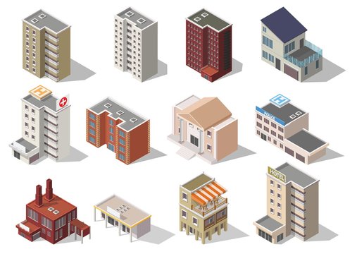 Big set low poly vectors of isometric illustration city street house facades, factory, cafe, school, hospital.