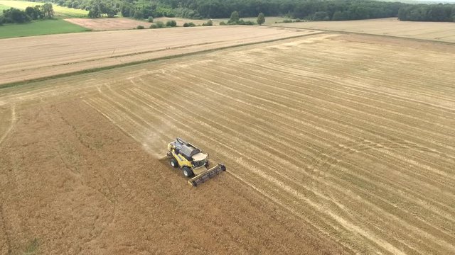 Aerial shot of combine harvester working  in a wheat field