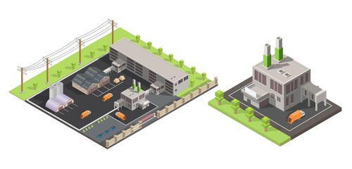 Isometric low poly waste processing plant isolated