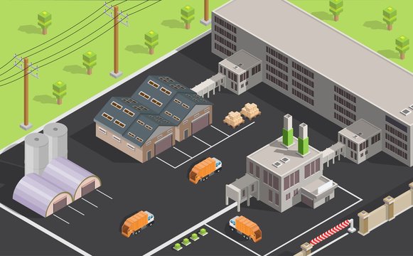 Isometric Low Poly Waste Processing Plant Background