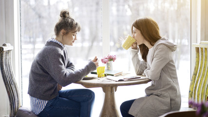 Two brunette caucasian female white friends having a conversation in a cafe drinking coffee tea eating salad