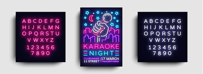 Karaoke night poster neon vector. Karaoke party design template, bright neon brochure, modern trend design, light banner, typography invitation party, postcard. Vector. Editing text neon sign