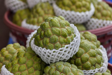 Cherimoya (Also Spelled Chirimoya) Fruit on display at a local market in Taiwan. This delicious fruit is also referred to as Annona in some South American countries.