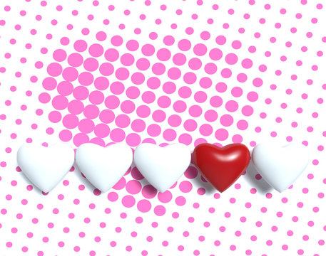 3d white and red hearts on pink dots background