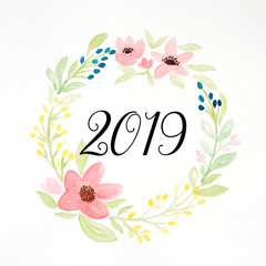2019 happy new year on colorful watercolor flower wreath on white background, new year greeting card, banner
