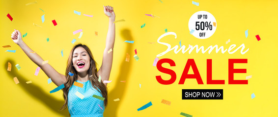 Summer sale with happy woman with confetti on a yellow background