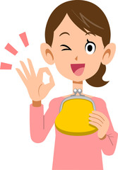 財布を持ってOKのサインを示す女性
