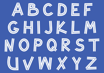 inline doodle sans serif font, uppercase outline handwritten letters, stock vector illustration