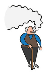 Vector cartoon old man standing with wooden walking stick and smoking cigarette