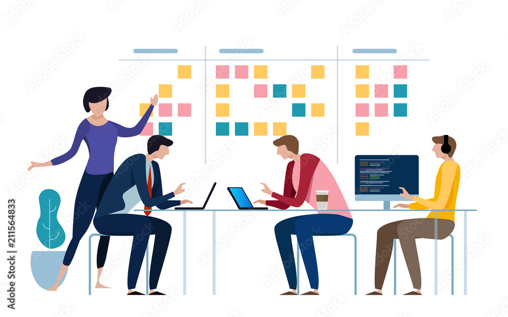 Aufkleber agile business team of programmer working and make some planning on the scrum board. whiteboard and 