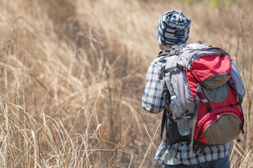Hiking walking traveller, trekking trails in jungle forest with map.