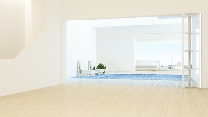 The interior minimal hotel connect space swimming pool and  bedroom - 3d rendering and nature view background	