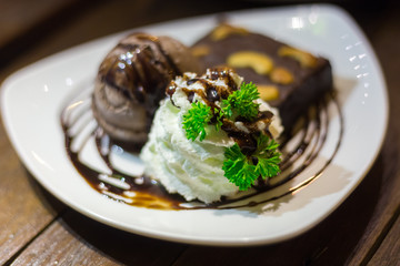 Chocolate lava on white cake  ice scream decorative on plate