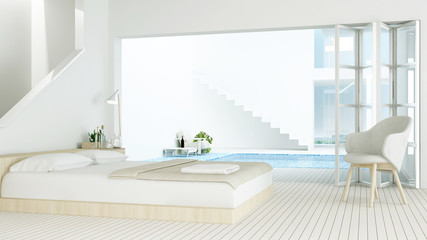 The interior minimal hotel bedroom space swimming pool 3d rendering and nature view background	