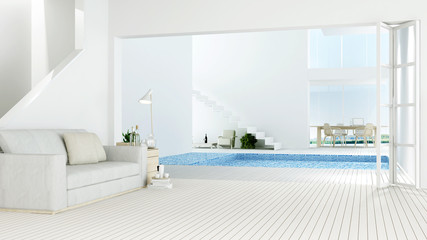 Interior relax space connect swimming pool and 3d rendering - nature view background	