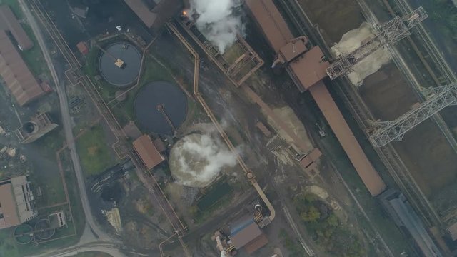 Overhead drone shot of blast furnace of steel production factory in Zenica, Bosnia, Europe