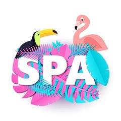 Word SPA composition with creative pink and blue jungle leaves toucan flamingo in trandy paper cut style. Tropical craft design for your poster, banner, flyer. Vector card illustration.
