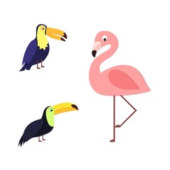 Set of tropical birds in trandy paper cut style. Craft flamingo and toucan on white background for package design, T-shirt printing. Vector card illustration in papercutting art style