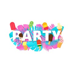 Word PARTY summer composition with creative pink blue jungle leaves ice creams on white background in paper cut style. Tropical leaf letters for design poster, banner, flyer T-shirt printing. Vector