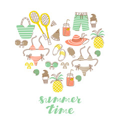 Heart Shape Collection of Beach Cute Doodle Elements and Lettering Hello Summer.