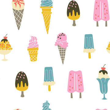 Summer Seamless Pattern with Ice Cream on the White Background.