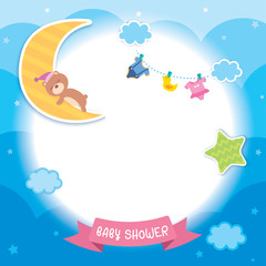 Baby shower template design with sleeping bear on moon decorated with cloud, heart, star,dress and toy for frame on blue sky background.