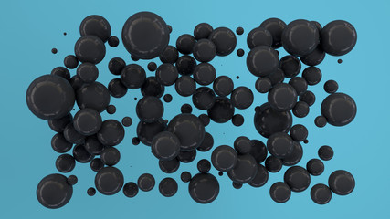 Black spheres of random size on blue background