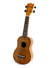 The brown ukulele on the white background, with Clipping path - obrazy, fototapety, plakaty