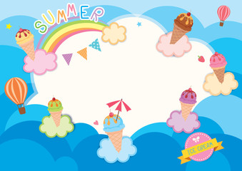 Illustration vector of summer background design with ice-cream cone various flavors on clouds and rainbow in sky horizon