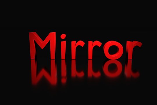 Red text Mirror over glossy plane. 3d rendering.
