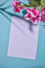 White frame decorated with pink flowers on a blue paper background.