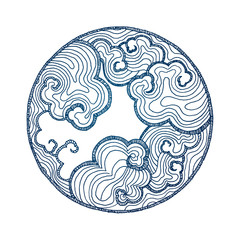ręcznie rysowane okrągły styl azjatycki z chmurami w niebieskim tuszem - 211572416