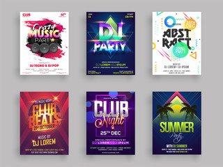 Musical or summer party flyer or poster design set in six different styles.