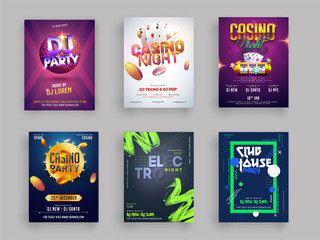 Casino, DJ and Musical Party flyer or template collection in six different styles.
