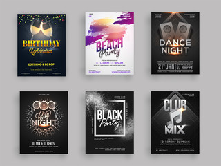 Six different styles for set of Musical party flyer or template design with abstract elements.