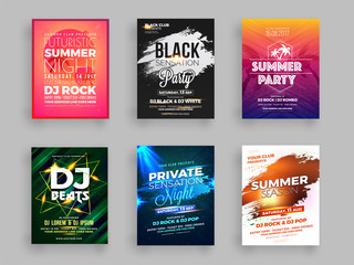 Collection of six Summer party flyer or banner design with time and venue details.